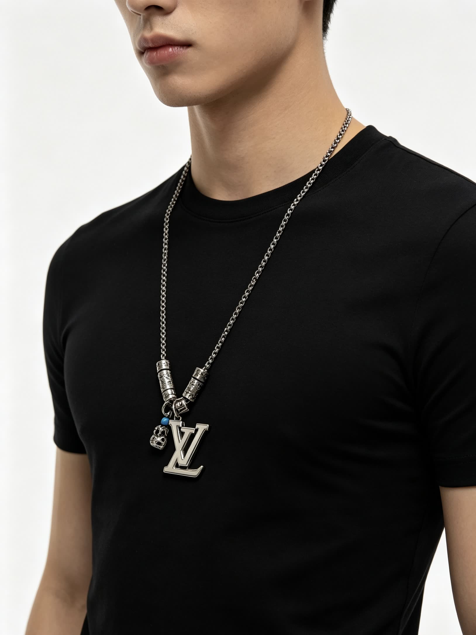Louis Vuitton Silver Tone Chain Necklace with LV Logo and Charms